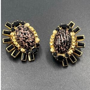 Elizabeth Cole Designer Signed Black Crystal‎ & Stone Clip-On Gold Tone Earrings